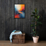 Framed abstract painting on a dark wooden wall with a wicker basket and plant below.