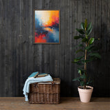 Framed abstract painting on a dark wooden wall with a wicker basket and plant below.