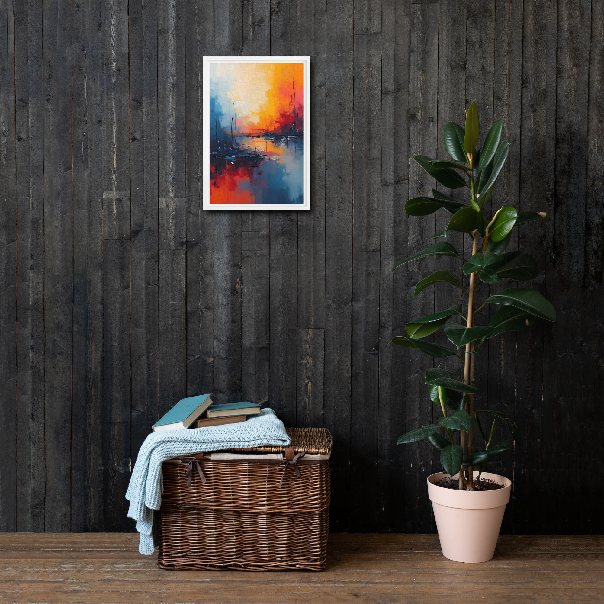 Colorful abstract painting on a dark wooden wall with a wicker basket and plant below.