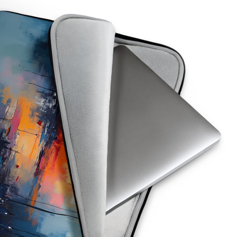 Gray laptop sleeve with colorful abstract design on a white background