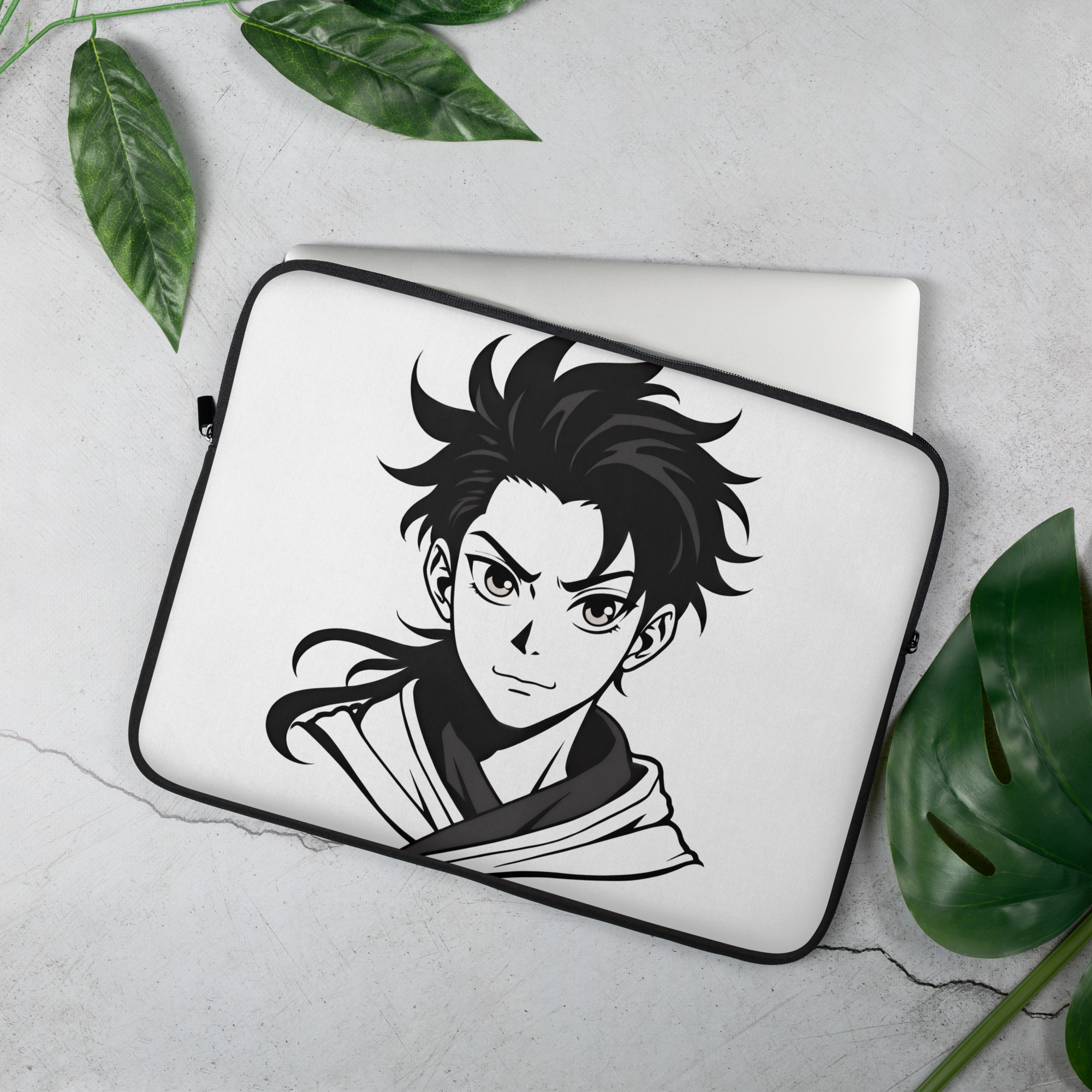 Anime Warrior Art Laptop Sleeve – Minimal Black & White Manga Design
