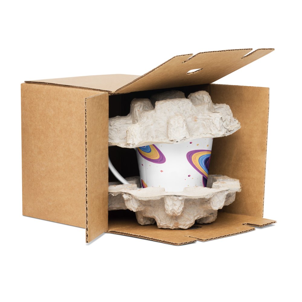 Cardboard box with a colorful mug inside, surrounded by packing peanuts on a white background