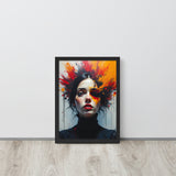Framed artwork of a woman's face with colorful abstract design on a white wall.