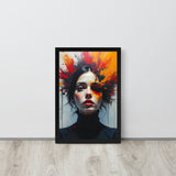 Framed artwork of a woman with colorful abstract design on a white wall.