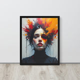 Framed artwork of a woman's face with colorful abstract design on a white wall.