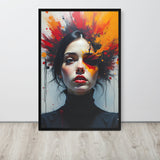 Framed artwork of a woman's face with abstract colorful design on a white wall.