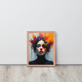 Framed artwork of a woman with colorful abstract design on a white wall.