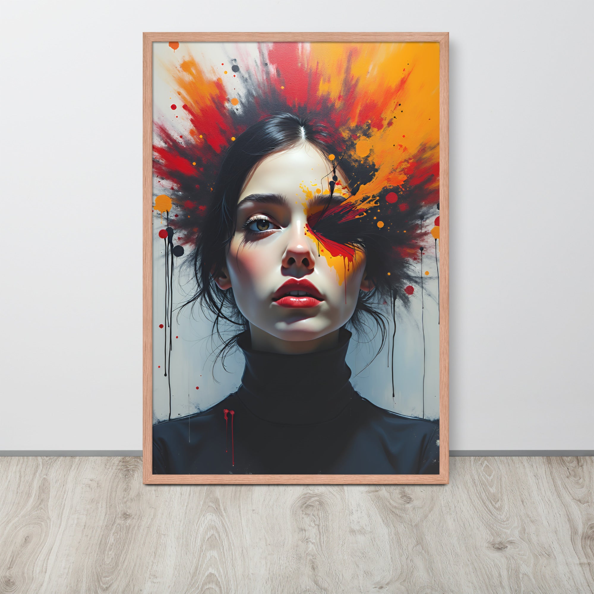 Framed artwork of a woman's face with colorful abstract design on a white wall.