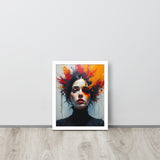 Framed artwork of a woman with colorful hair on a light gray wall.