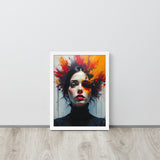 Framed artwork of a woman's face with colorful abstract design on a white wall.