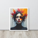Artistic portrait with colorful abstract elements on a white wall.