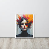 Framed artwork of a woman with colorful abstract design on a white wall.