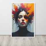 Artistic depiction of a woman with colorful abstract design on a white wall.