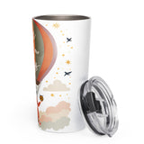 White tumbler with colorful design featuring a hot air balloon and clouds on a white background