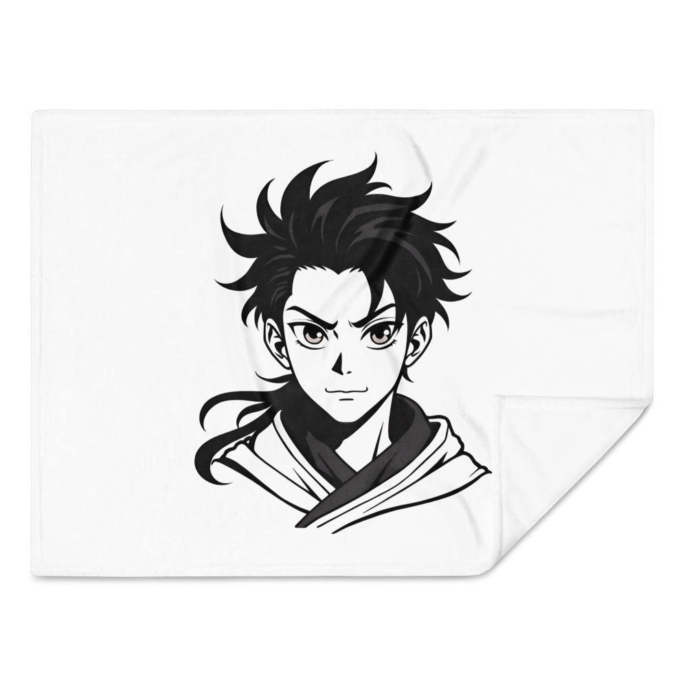 Black and white illustration of an anime character on a white background