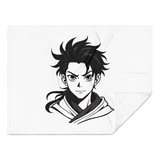 Black and white illustration of an anime character on a white background