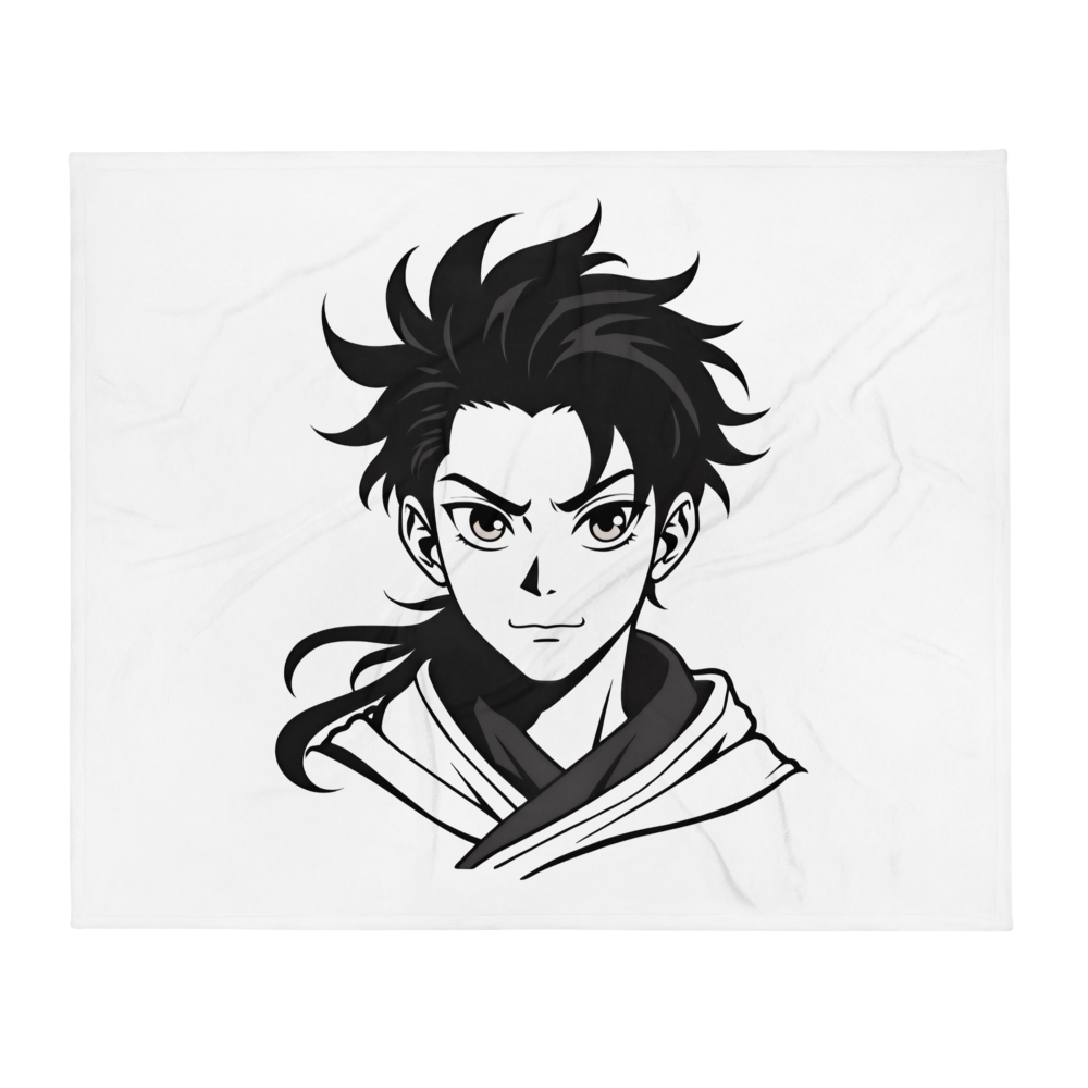 Black and white illustration of a character on a white background