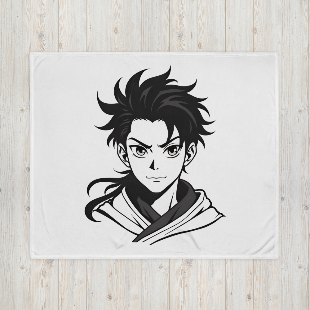 White rug with black and white illustration of a character on a wooden floor