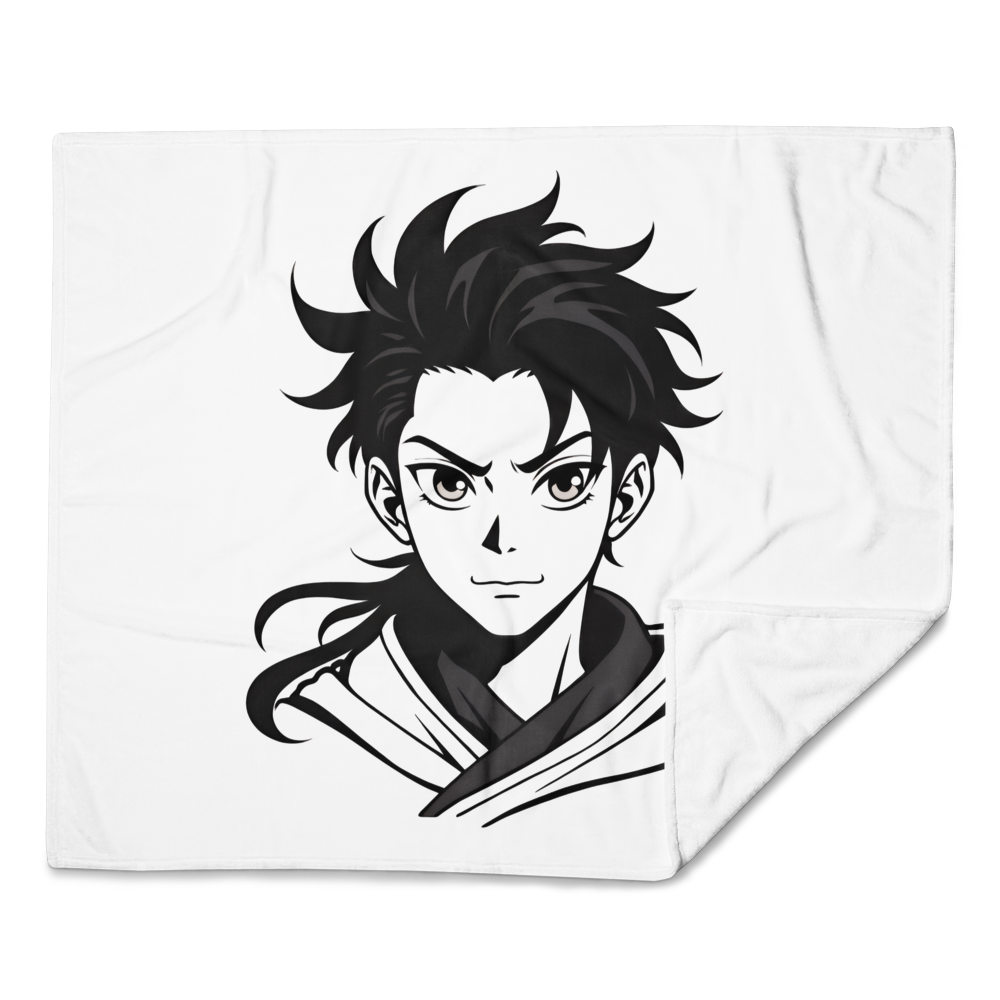 Blanket with black and white anime-style character design on a white background