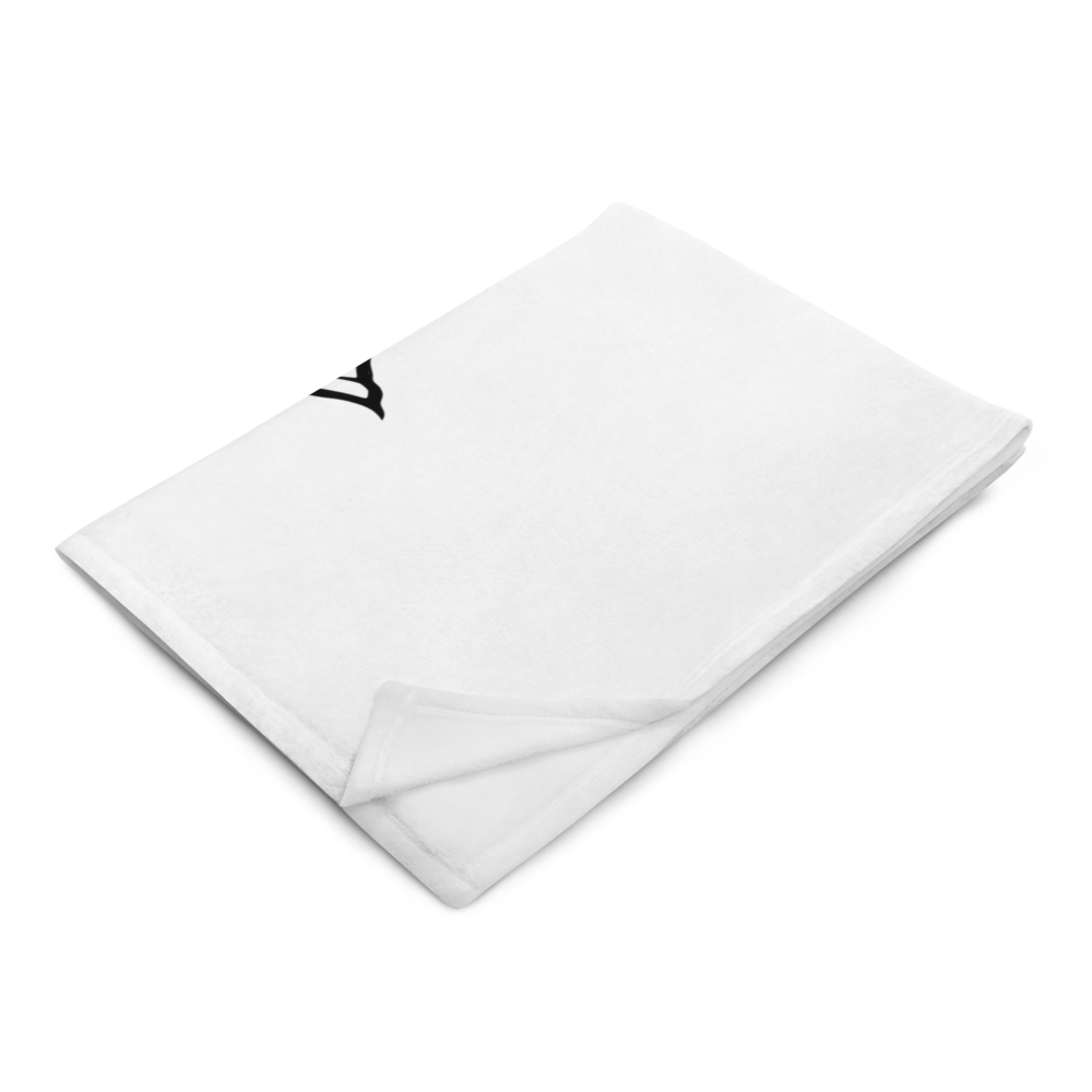 White towel with a black logo on a white background
