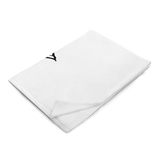 White towel with a black logo on a white background