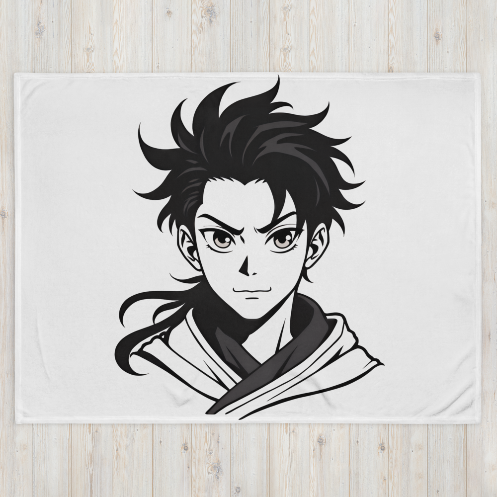 Fleece blanket with an anime character design on a wooden floor.
