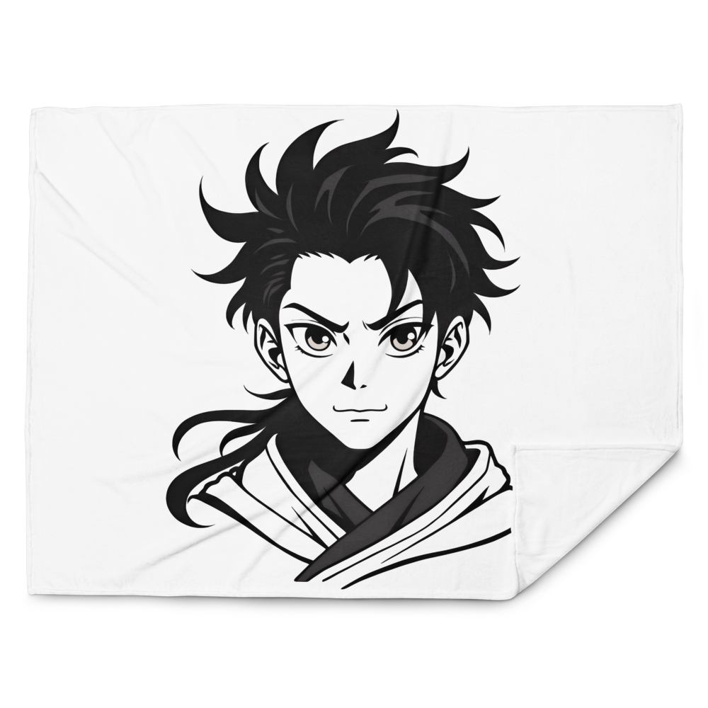 Black and white illustration of a character with spiky hair on a white background