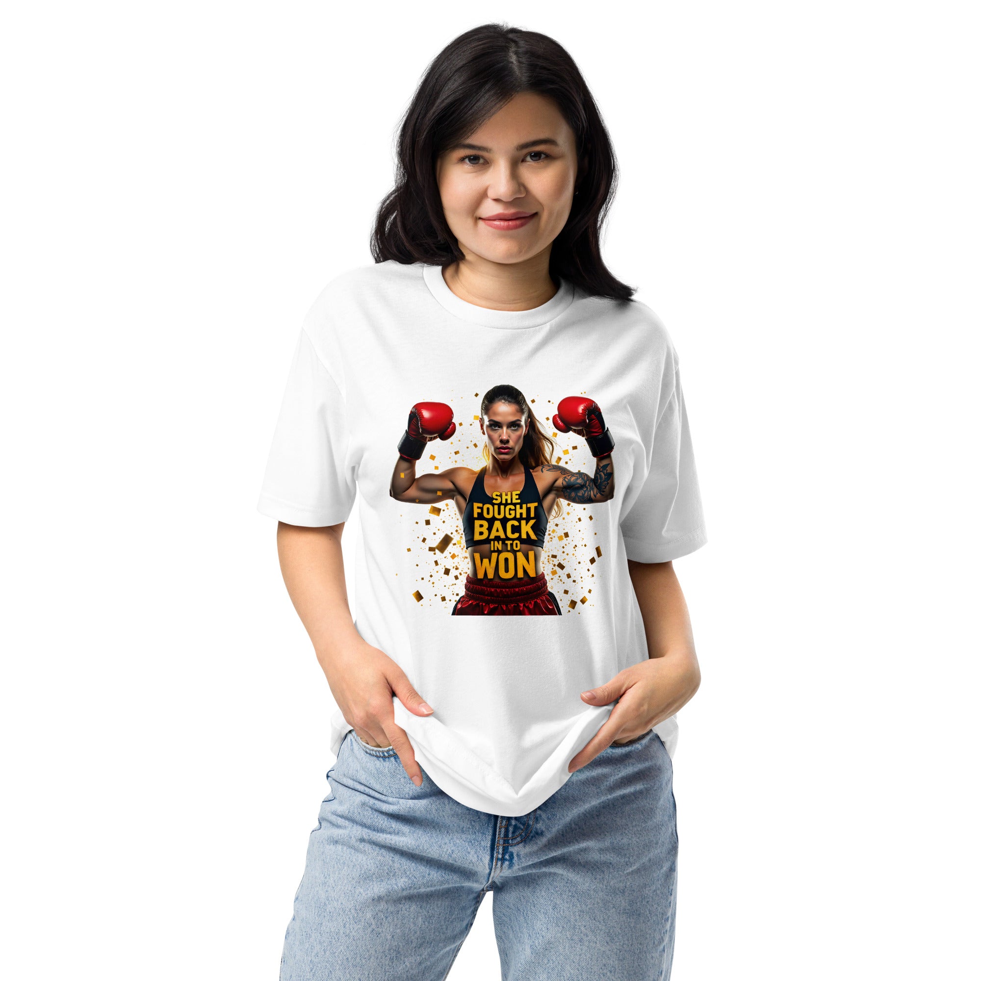 Person wearing a white t-shirt with a graphic design on a white background
