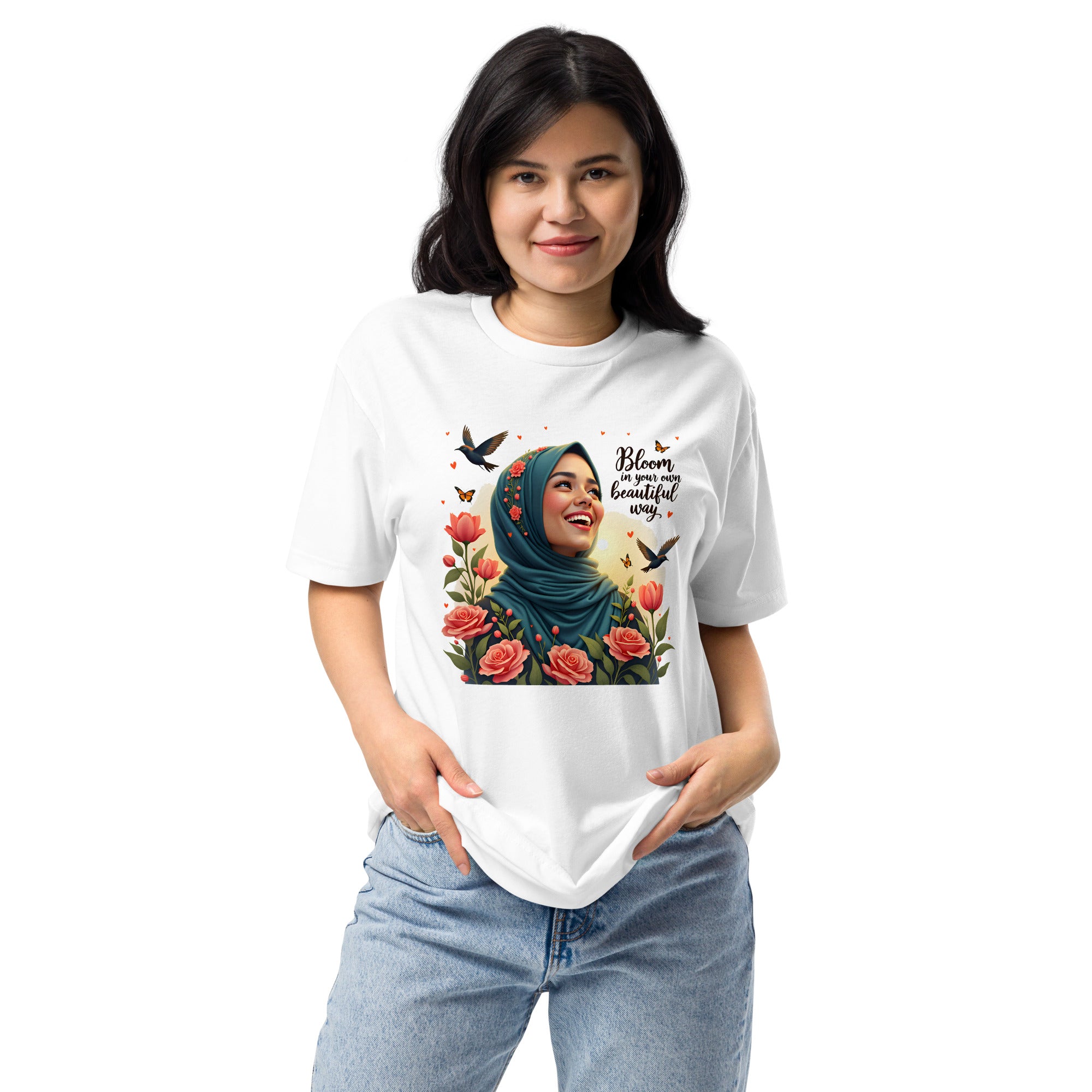 Woman wearing a white t-shirt with a graphic design on a white background