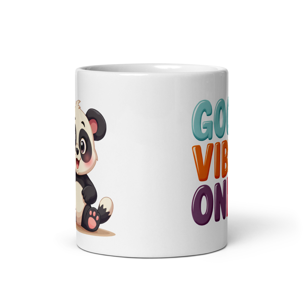 Cute Panda “Good Vibes Only” White Glossy Coffee Mug – Positive Mood Ceramic Mug