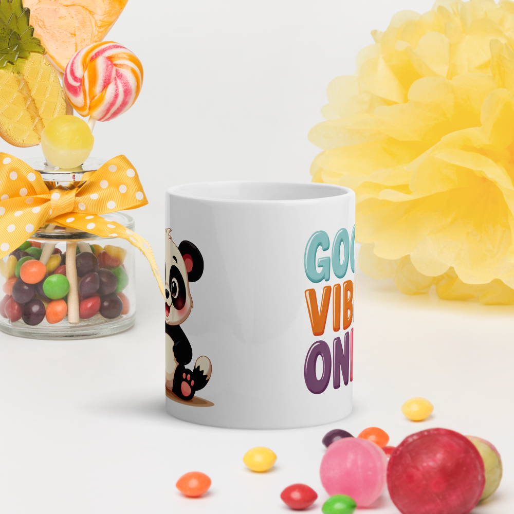 Cute Panda “Good Vibes Only” White Glossy Coffee Mug – Positive Mood Ceramic Mug