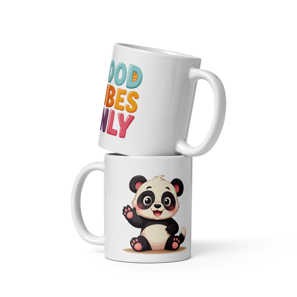 Cute Panda “Good Vibes Only” White Glossy Coffee Mug – Positive Mood Ceramic Mug