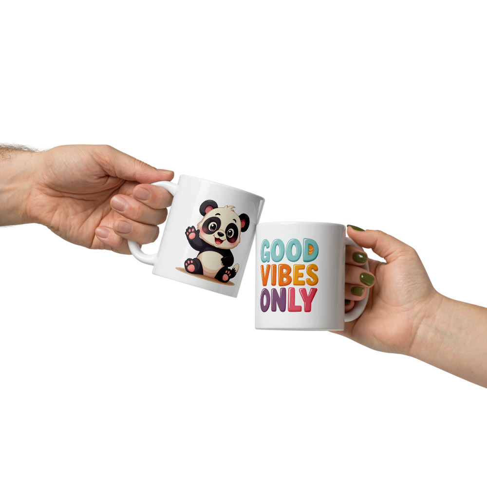 Cute Panda “Good Vibes Only” White Glossy Coffee Mug – Positive Mood Ceramic Mug