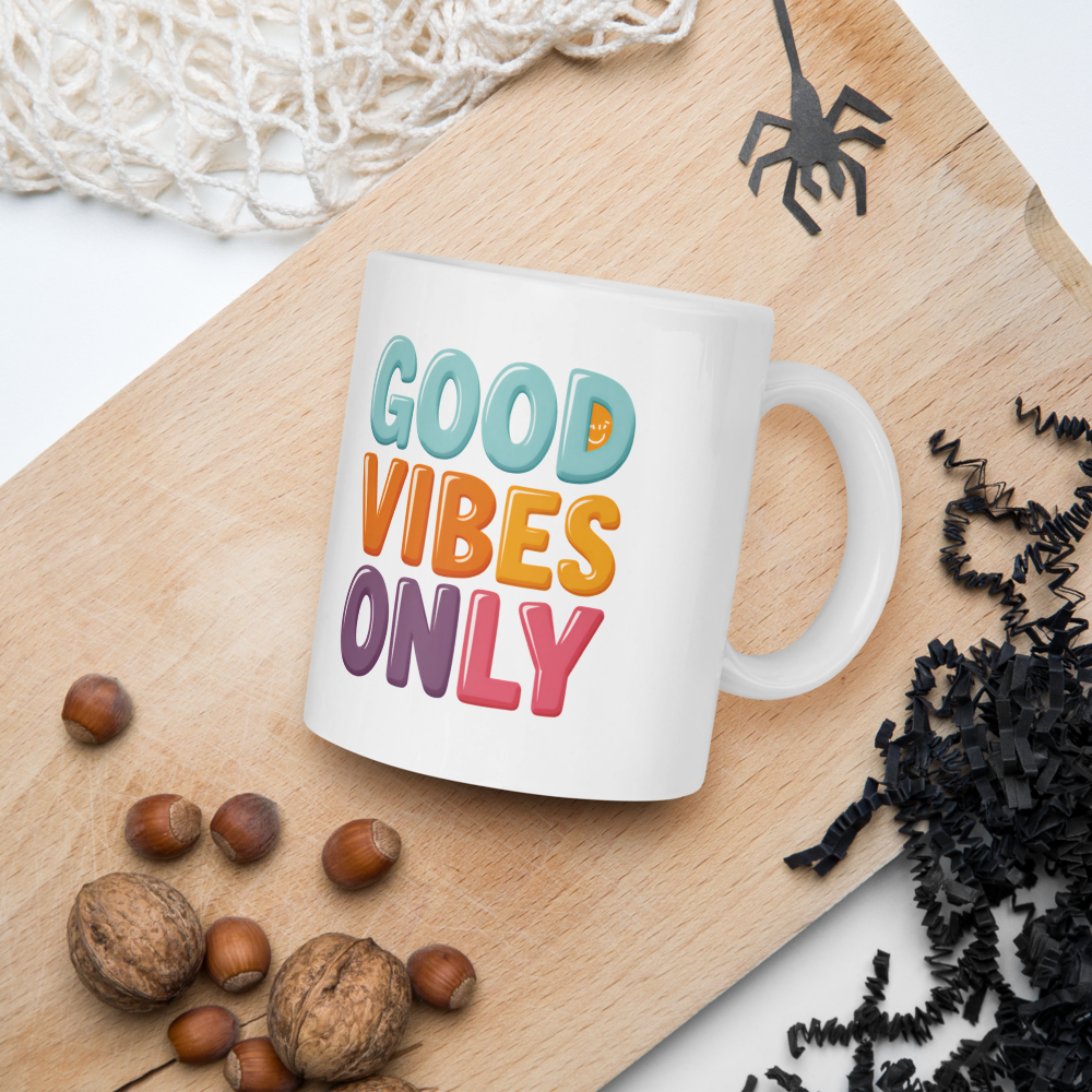 Cute Panda “Good Vibes Only” White Glossy Coffee Mug – Positive Mood Ceramic Mug