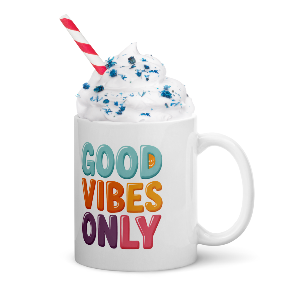 Cute Panda “Good Vibes Only” White Glossy Coffee Mug – Positive Mood Ceramic Mug
