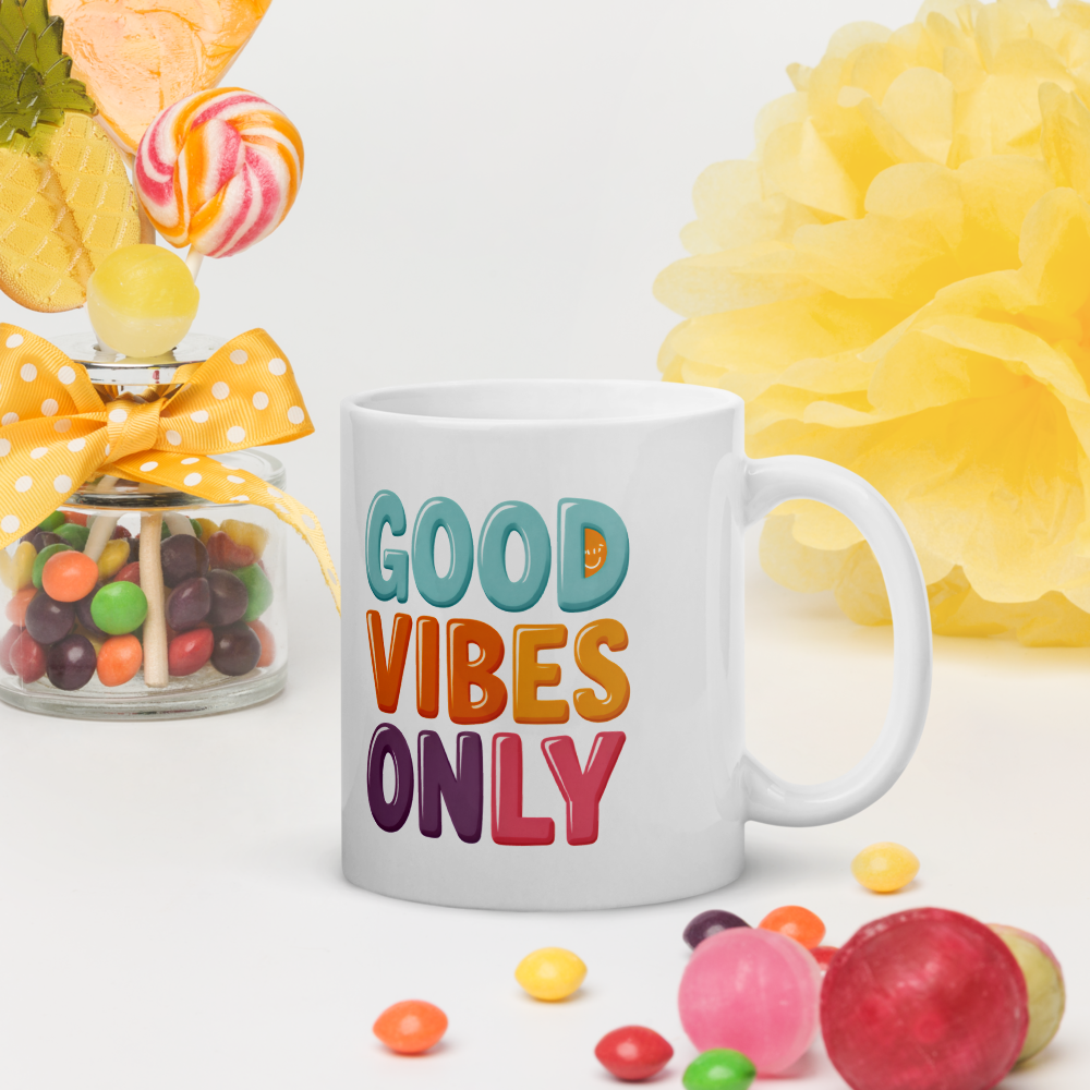 Cute Panda “Good Vibes Only” White Glossy Coffee Mug – Positive Mood Ceramic Mug