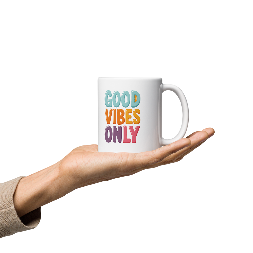Cute Panda “Good Vibes Only” White Glossy Coffee Mug – Positive Mood Ceramic Mug