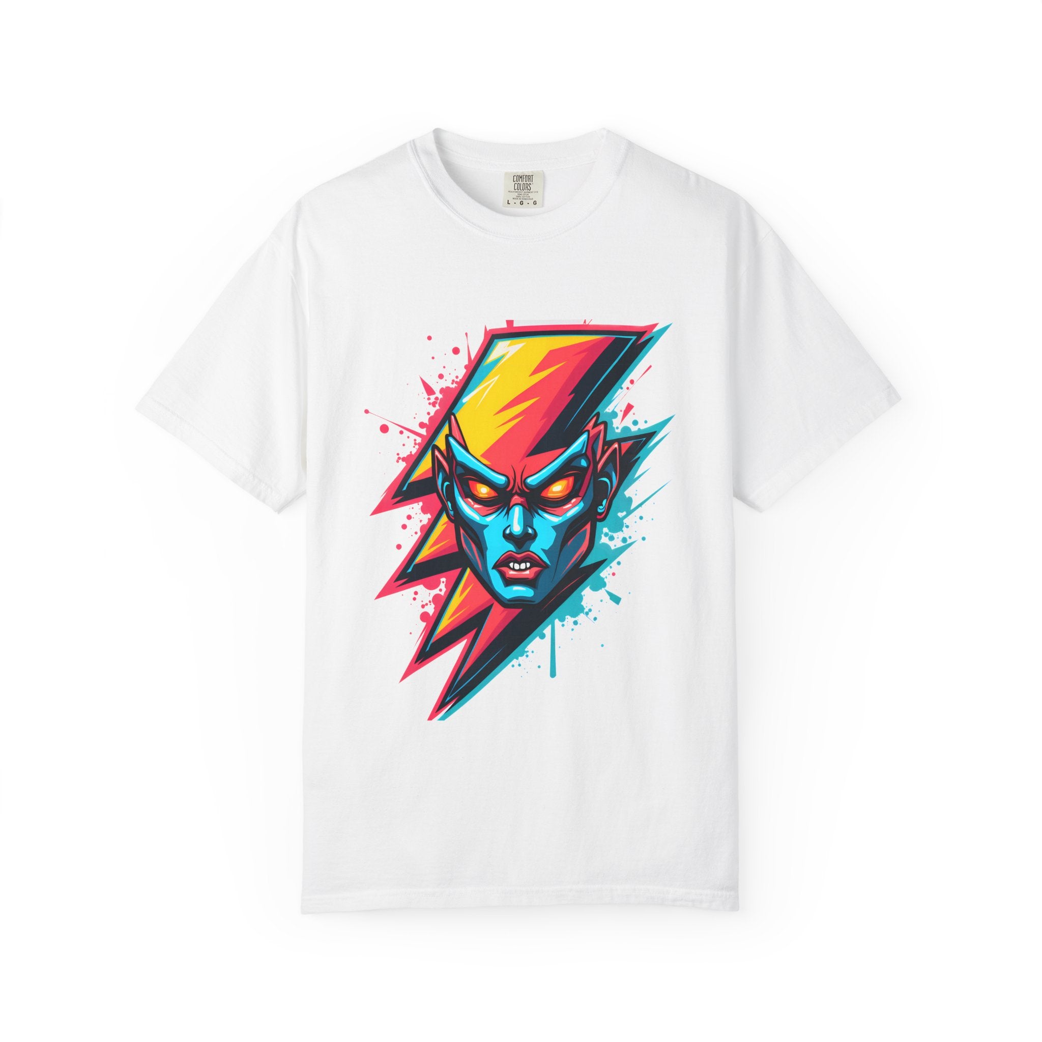 Electric Bolt Face Graphic T-Shirt — Neon Retro Lightning Design