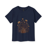 Navy blue t-shirt with floral design on a white background