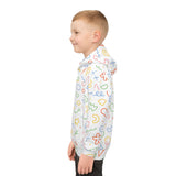 Child wearing a colorful patterned shirt on a white background