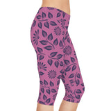 Floral Pink Capri Leggings — Navy Leaf & Daisy All-Over Print