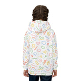 Person wearing a white hoodie with colorful abstract patterns on a white background