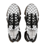 Pair of white sneakers with black pattern and black laces on a white background