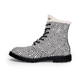 Black and white boot with text pattern on a white background