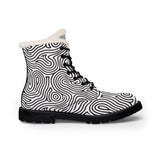 Snakeskin-patterned boot with white fur lining on a white background