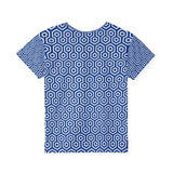 Blue t-shirt with white geometric pattern on a white background
