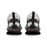 Black and white athletic shoes with unique pattern on a white background