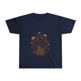 Navy blue t-shirt with a floral design on a white background