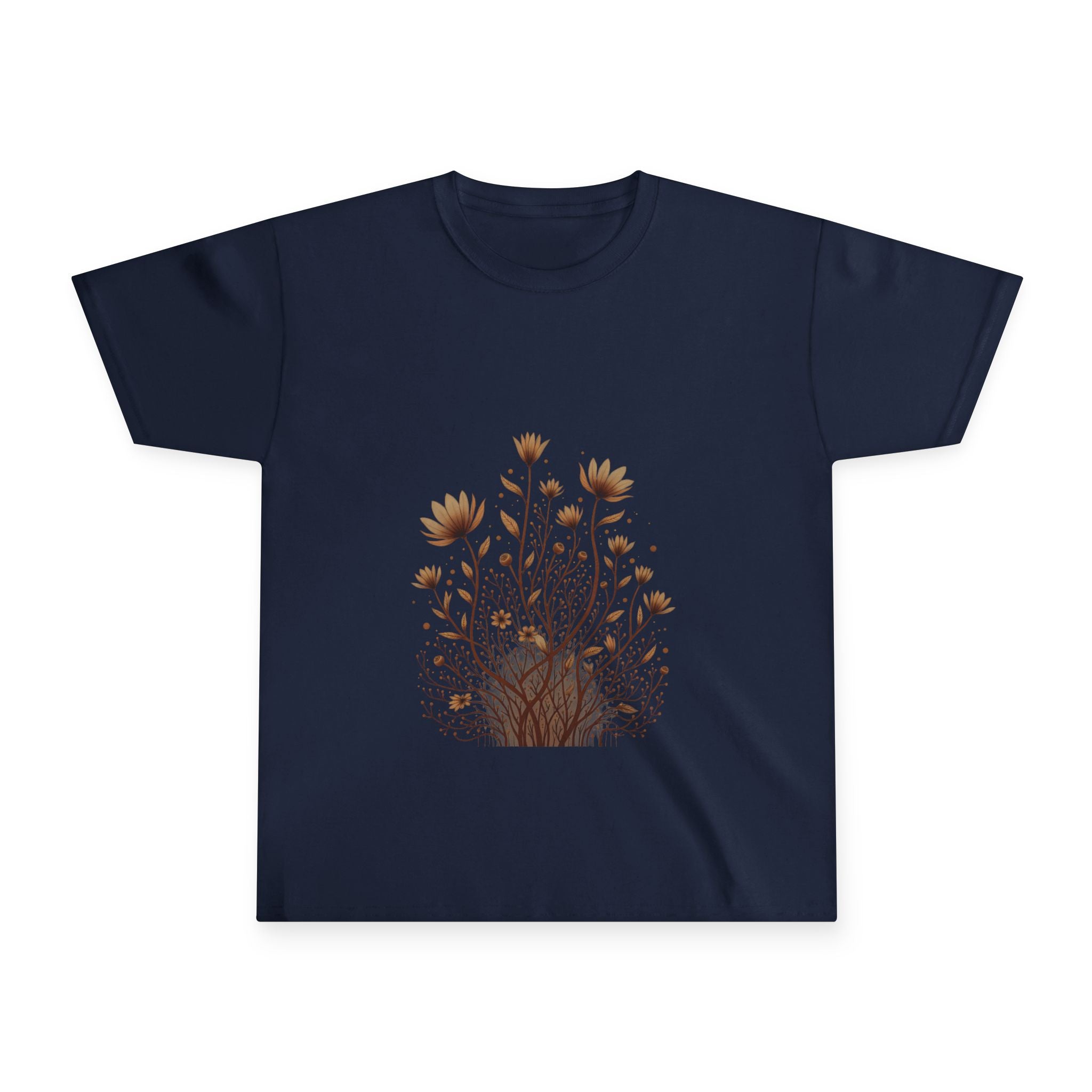 Navy blue t-shirt with a floral design on a white background