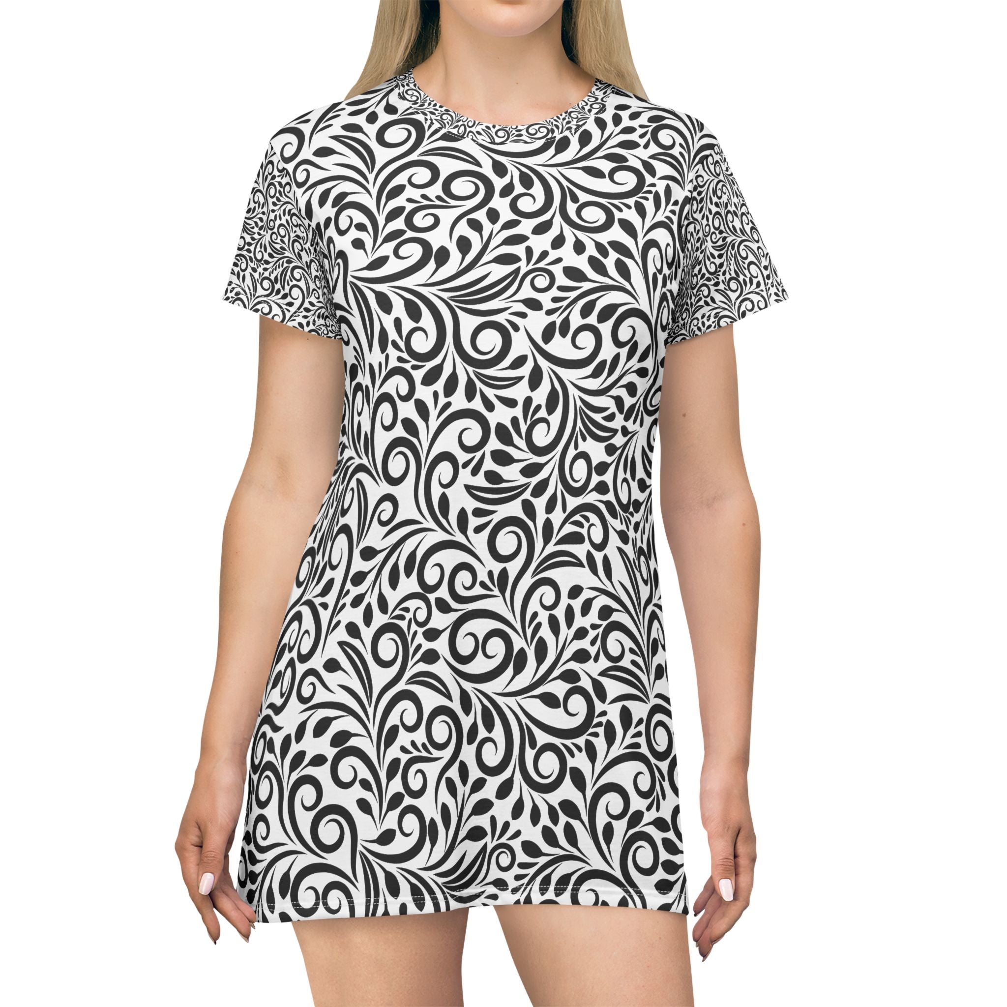 Black White Floral Swirl T-Shirt Dress